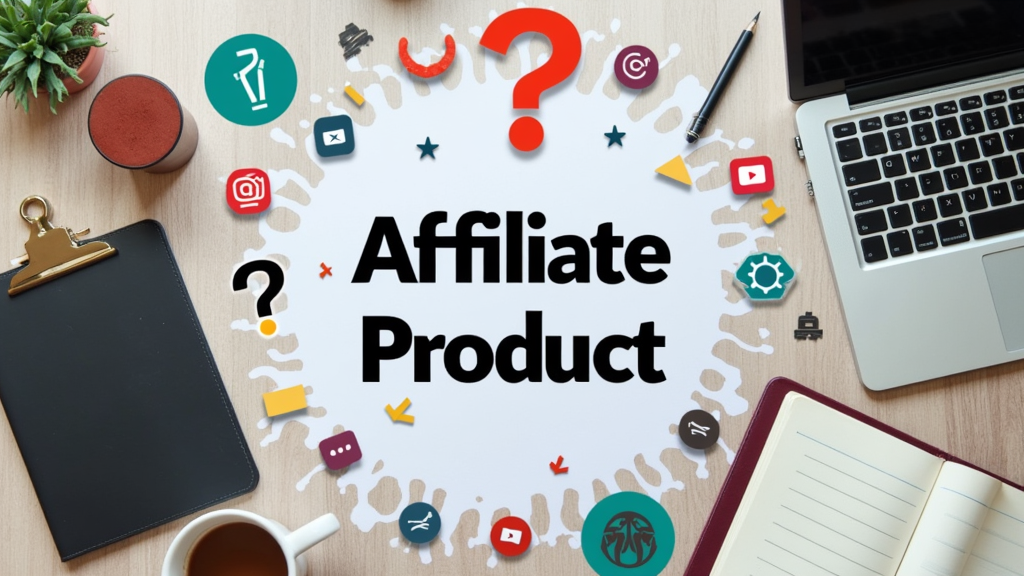 A cluttered desktop with a laptop, notebook, and coffee mug surrounded by question marks and product icons, symbolizing confusion in affiliate product selection.