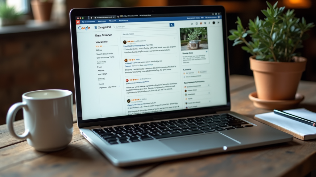 A close-up of a laptop screen displaying detailed product reviews and star ratings, with a coffee mug and notepad nearby on a rustic wooden desk.