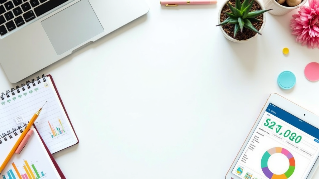 A flat lay view of a digital workspace with a laptop, notepad, colorful charts, and tablet displaying website analytics, symbolizing affiliate content planning.