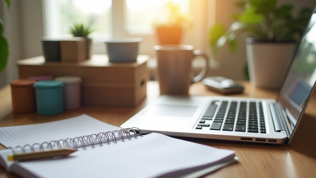 Affiliate marketing workspace with laptop, notepad, products, and coffee mug on desk.